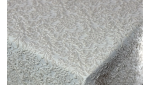 120" Round Lucia Jacquard Ivory Linen rental Houston, TX