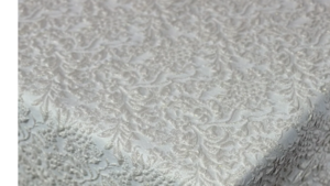 90x156" Round Lucia Jacquard Ivory Linen rental Houston, TX